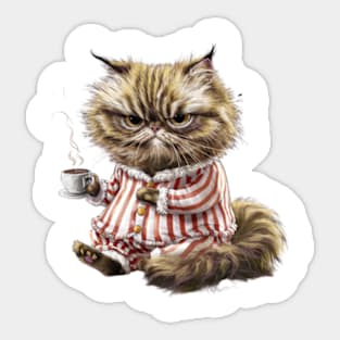 Print design of a cute Persian cat, wearing cozy pajamas and holding a steaming cup of coffee.1 Sticker